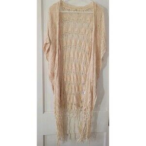 Kori America Bohemian Crochet Long Cardigan Fringe Trim Women’s M/L Ivory Whimsy